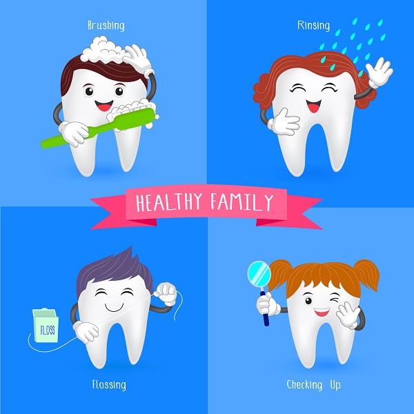 Healthy family tooth. Oral hygiene banners with cute tooth.  Brushing, flossing,  rinsing and check up.  illustration.
